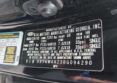 2011 Kia Sorento Sx V6 z USA, uszkodzony, nr VIN 5XYKW4A23BG094290